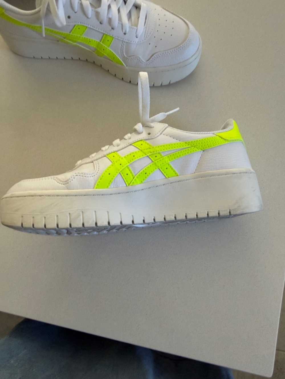 Asics White chunky Sneakers with Neon Yellow Accents.Used only one time. - Picture 4 of 11